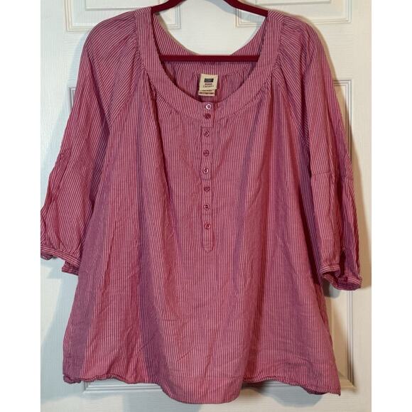 Faded Glory Pink 3/4 Sleeve Top With White Stripes, Buttons, Flowy, 3X - Picture 1 of 6